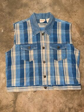 Crossroads L Blue Plaid Denim Vest Western Button Front 100% Cotton Grandpacore